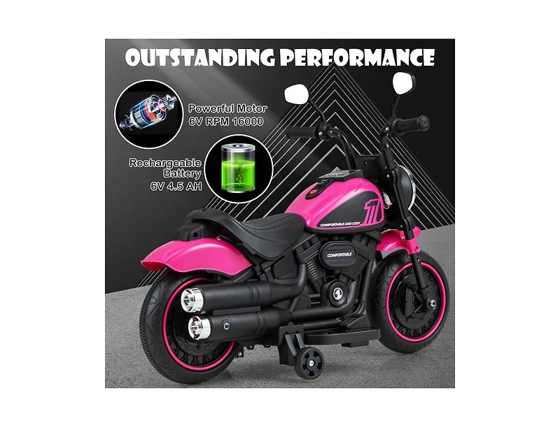 Kids Electric Motorcycle with Training Wheels and Led Headlights - Pink