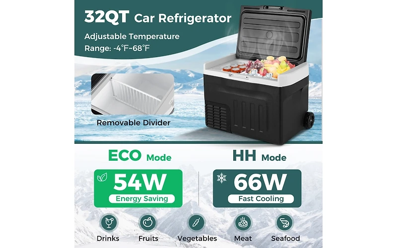12V Car Refrigerator 32 Quart with Touch Panel and Removable Divider