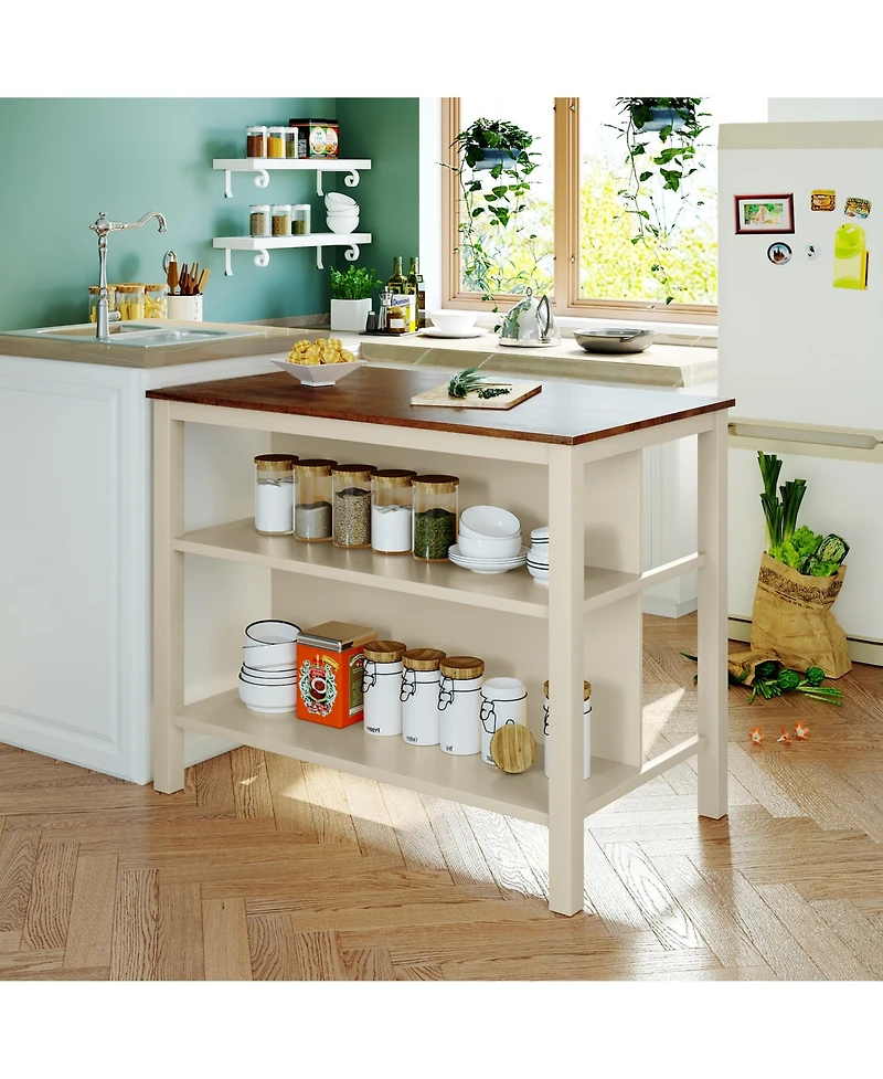 Casainc 3-Piece Stationary Kitchen Island Set with Butcher Block and Seating