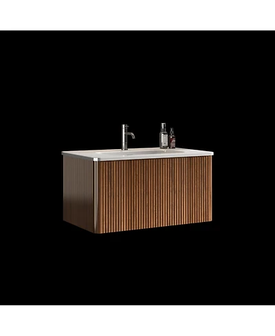 Casainc Etna 30" Floating Vanity With Ceramic Sink and Walnut Striped Finish, Kd Assembly