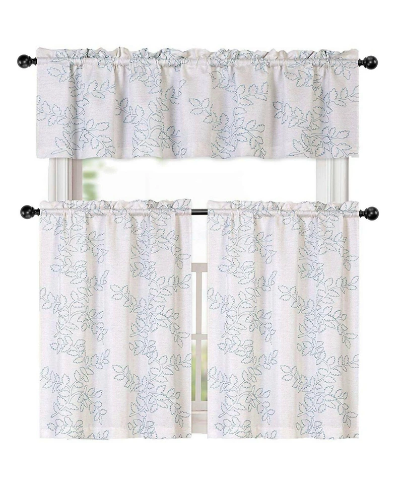Kate Aurora Brielle Embroidered Linen Kitchen Curtain Tier & Valance Set - 56 in. W x 15 L