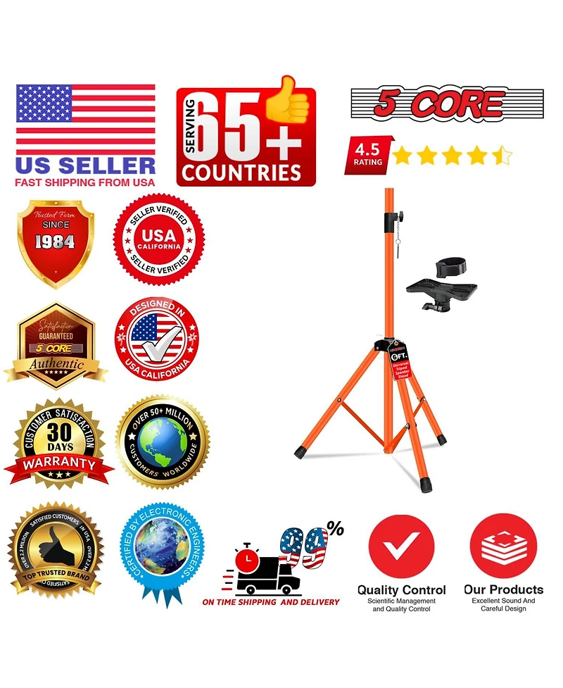 5 Core Speaker Stand Tripod Heavy Duty Adjustable Up to 72 Inch Dj Studio Monitor Stands Pole Mount - Orange - 2 Pcs