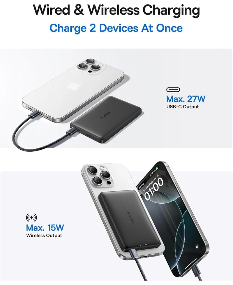 Baseus Picogo Magsafe Portable Charger 10000mAh 27W , 0.5" Ultra Slim Qi2 Certified 15W Wireless Power Bank