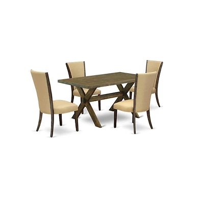 East West Furniture 5Pc Dining Table Set Includes a Wood Dining Table and 4 Parson Dining Chairs with Brown Color Linen Fabric, Medium Size Table with