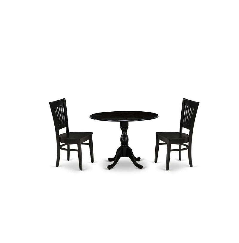 East West Furniture 3-Pc Kitchen Dining Set- 2 Modern Chair with Wooden Seat and Slatted Chair Back - Drop Leaves Dining Table - Black Finish