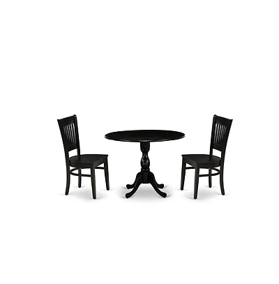 East West Furniture 3-Pc Kitchen Dining Set- 2 Modern Chair with Wooden Seat and Slatted Chair Back - Drop Leaves Dining Table - Black Finish