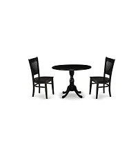 East West Furniture 3-Pc Kitchen Dining Set- 2 Modern Chair with Wooden Seat and Slatted Chair Back - Drop Leaves Dining Table - Black Finish