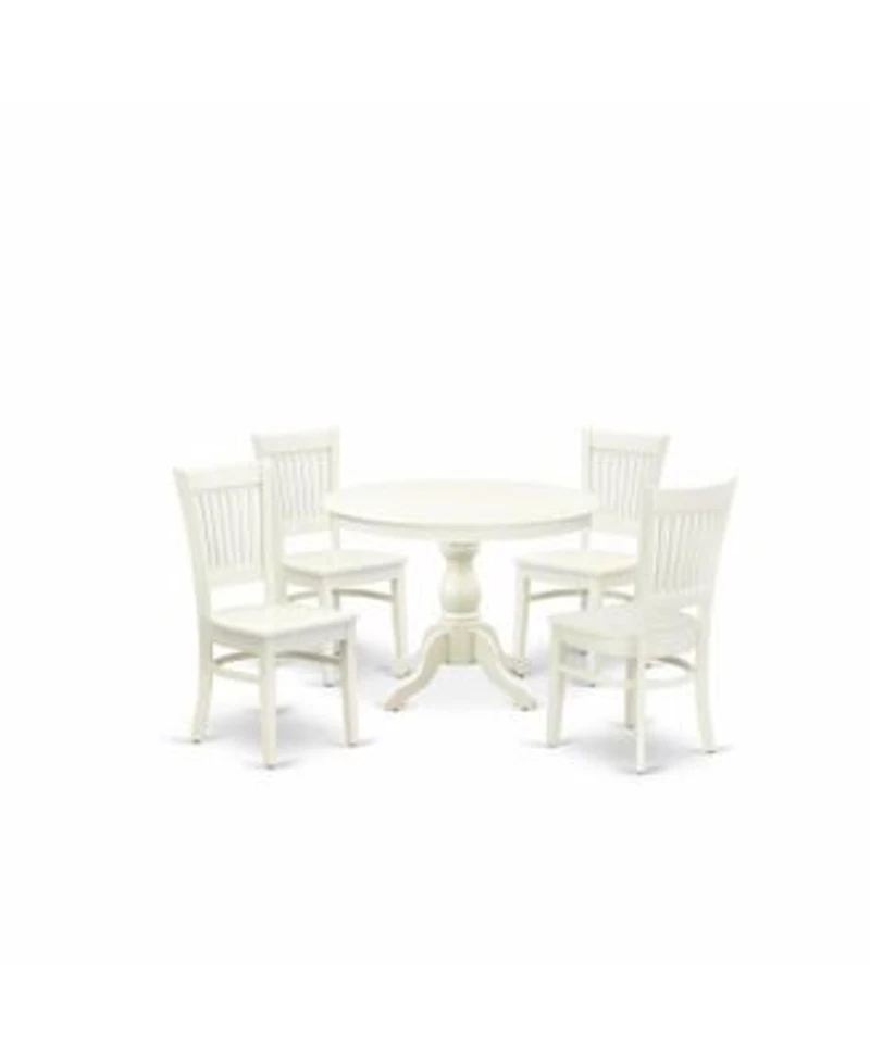 East West Furniture 5 Pc Kitchen Table Set 4 Dining Room Chairs Modern Round Dining Table Wooden Seat Slatted Chair Back Linen White Finish