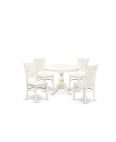 East West Furniture 5 Pc Kitchen Table Set 4 Dining Room Chairs Modern Round Dining Table Wooden Seat Slatted Chair Back Linen White Finish