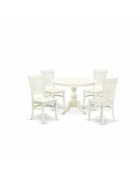 East West Furniture 5 Pc Kitchen Table Set 4 Dining Room Chairs Modern Round Dining Table Wooden Seat Slatted Chair Back Linen White Finish