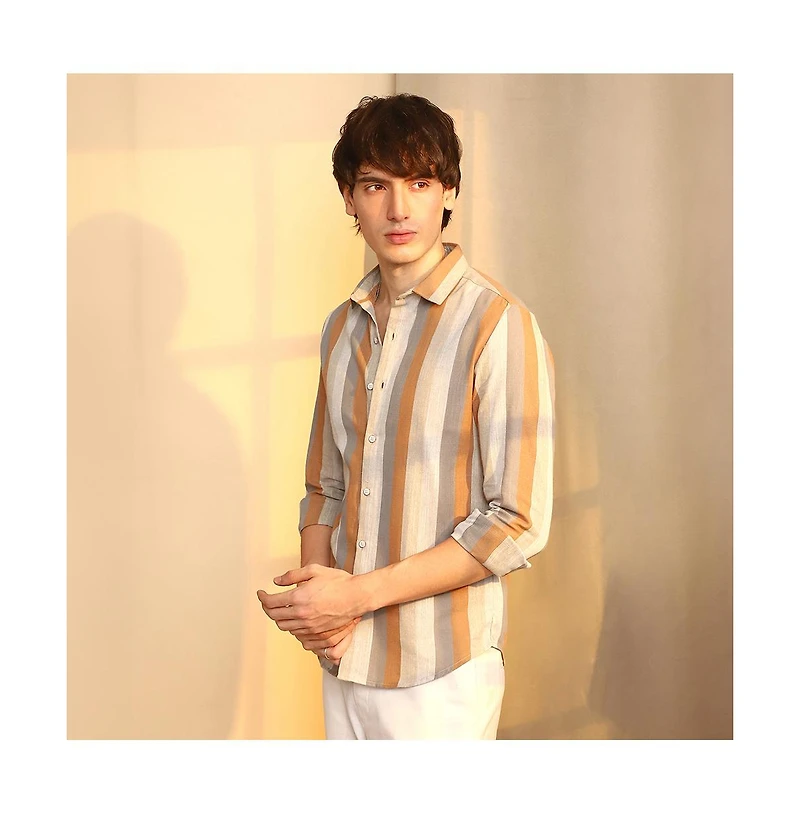 Campus Sutra Men's Copper Brown & Peanut Block-Striped Shirt