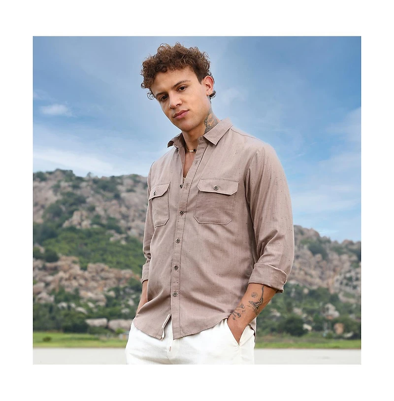 Campus Sutra Men's Peanut Brown Heathered Utility Shirt