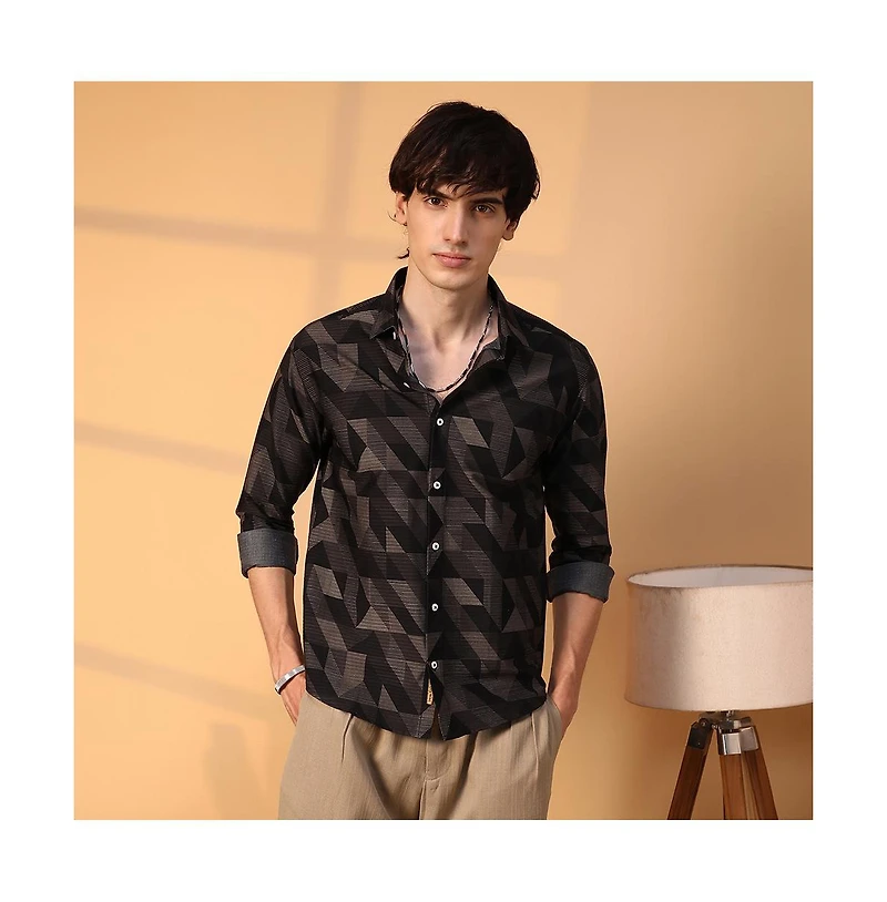 Campus Sutra Men's Midnight Black Geometric Seersucker Shirt