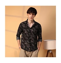 Campus Sutra Men's Midnight Black Geometric Seersucker Shirt