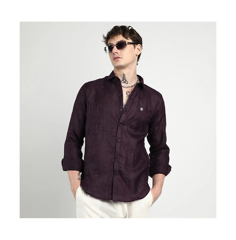 Campus Sutra Men's Plum Purple Embroidered One-Lined Shirt