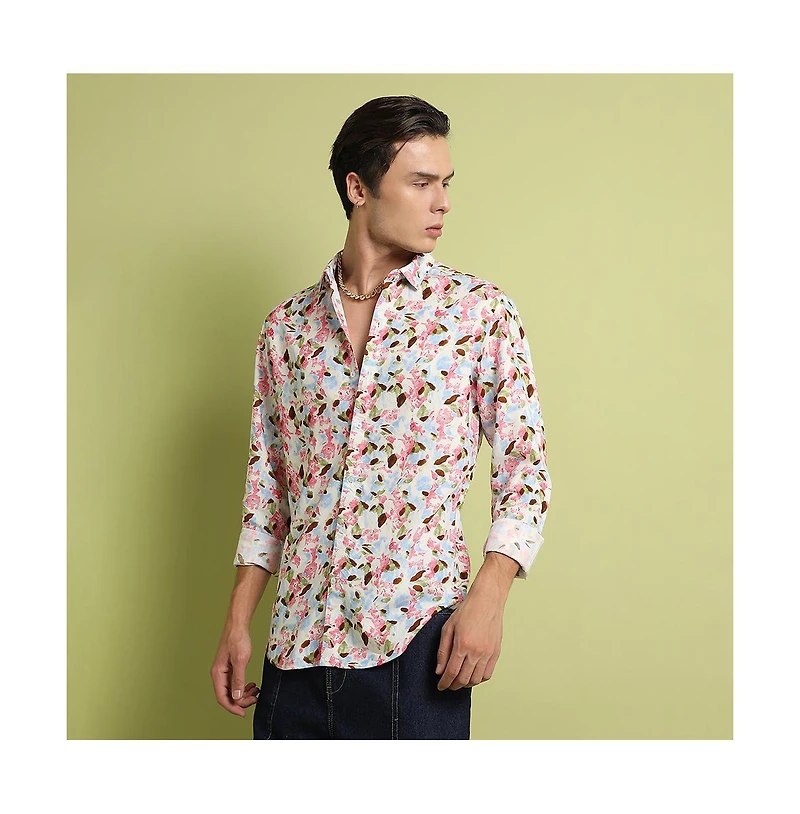 Campus Sutra Men's Blue & Pink Leaf Strokes Shirt