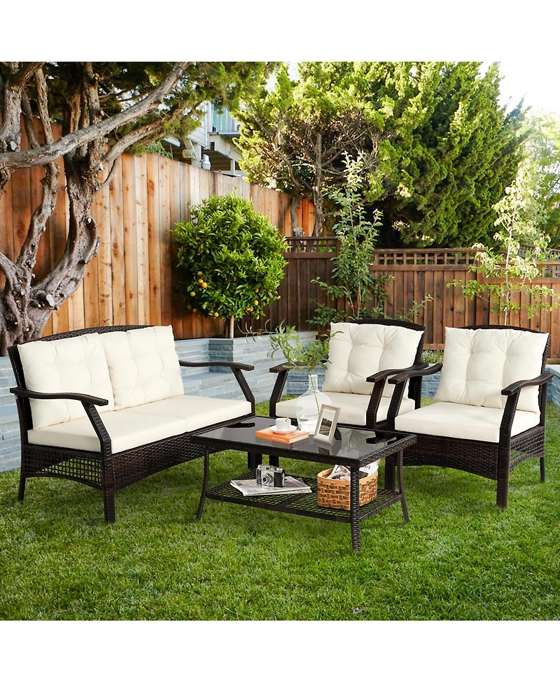 Gymax 8PCS Rattan Patio Conversation Furniture Set Wicker Sofa Set w/ Waterproof Cover
