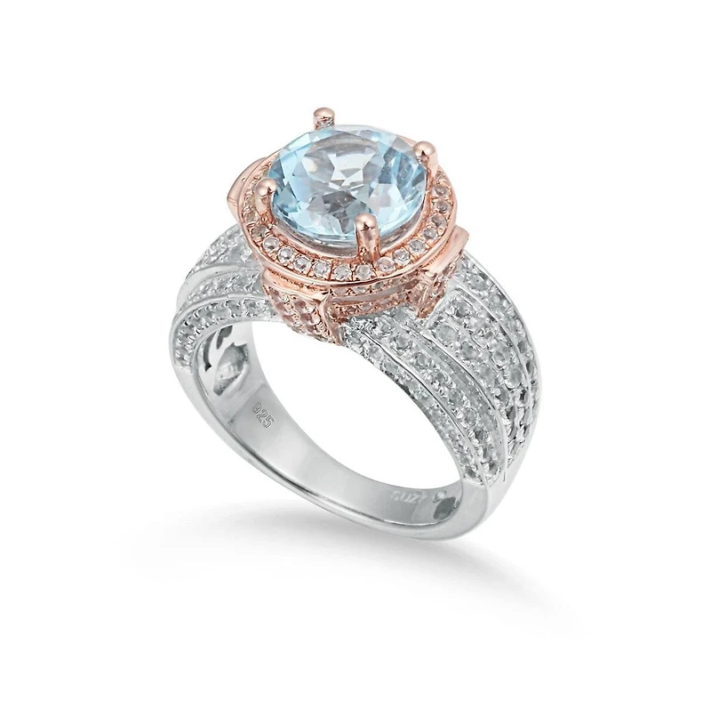 Suzy Levian New York Two-Tone Sterling Silver Round Cut Center Topaz Cocktail Milano Ring