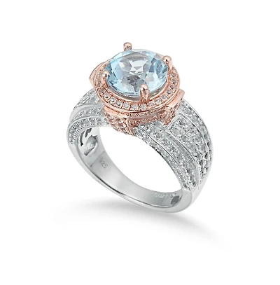 Suzy Levian New York Two-Tone Sterling Silver Round Cut Center Topaz Cocktail Milano Ring