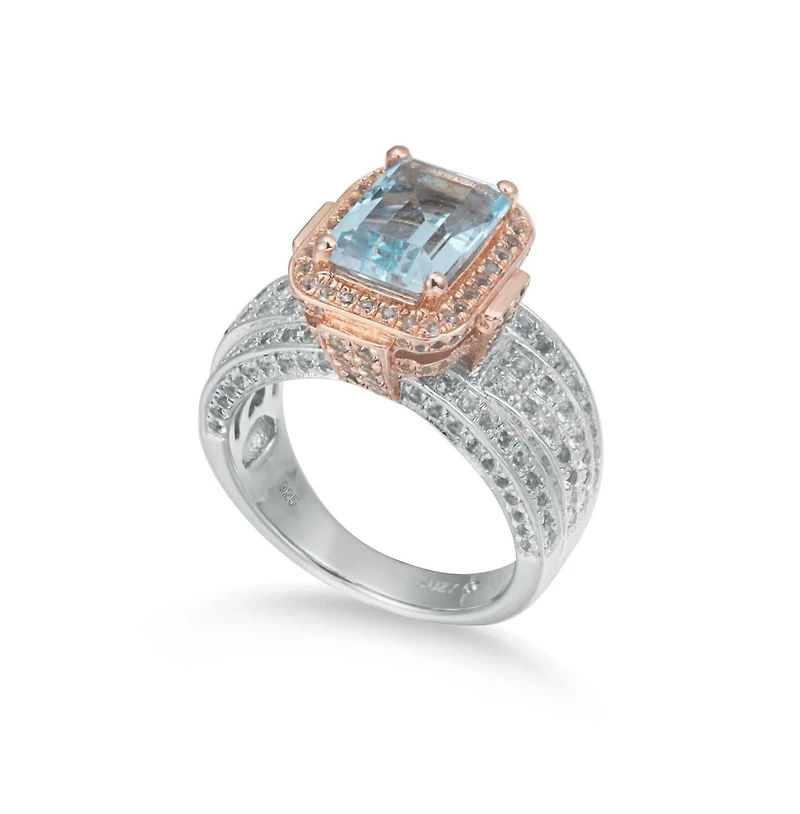 Suzy Levian New York Two-Tone Sterling Silver Emerald Cut Center Topaz Cocktail Milano Ring