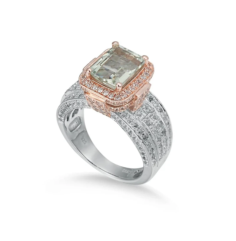 Suzy Levian New York Two-Tone Sterling Silver Emerald Cut Center Topaz Cocktail Milano Ring
