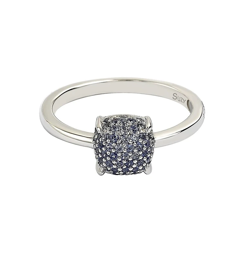 Suzy Levian Sterling Silver Sapphire Pave Puff Solitaire Ring