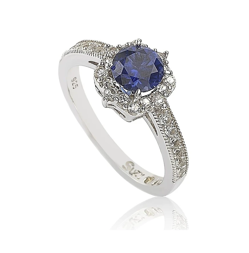 Suzy Levian Sterling Silver Sapphire & Created White Eccentric Halo Center Stone Ring