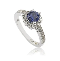Suzy Levian Sterling Silver Sapphire & Created White Eccentric Halo Center Stone Ring