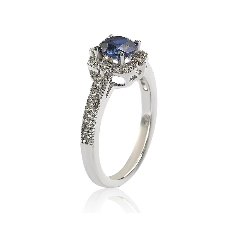 Suzy Levian Sterling Silver Sapphire & Created White Eccentric Halo Center Stone Ring