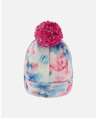 Deux par Girl Lined Knit Pompom Hat Blue Flower Print - Toddler|Child