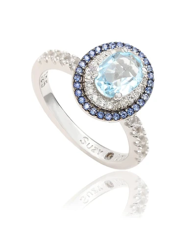 Suzy Levian Sterling Silver Oval Cut Topaz and Sapphire Double Halo Ring