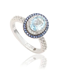 Suzy Levian Sterling Silver Oval Cut Topaz and Sapphire Double Halo Ring