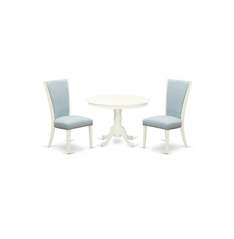 East West Furniture wooden dining table set of two amazing dining chairs with Linen Fabric Baby Blue color and a fantastic 42-Inch Antique dining tabl