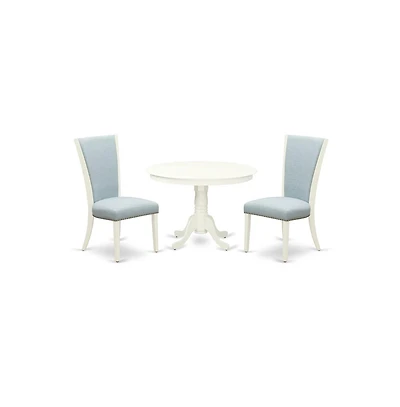 East West Furniture wooden dining table set of two amazing dining chairs with Linen Fabric Baby Blue color and a fantastic 42-Inch Antique dining tabl
