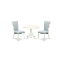 East West Furniture wooden dining table set of two amazing dining chairs with Linen Fabric Baby Blue color and a fantastic 42-Inch Antique dining tabl
