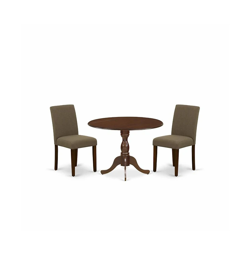 East West Furniture 3 Piece Dinning Room Table Set Contains 1 Drop Leaves Wood Dining Table and 2 Coffee Linen Fabric Parson Chairs with High Back