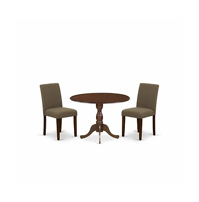 East West Furniture 3 Piece Dinning Room Table Set Contains 1 Drop Leaves Wood Dining Table and 2 Coffee Linen Fabric Parson Chairs with High Back