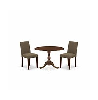 East West Furniture 3 Piece Dinning Room Table Set Contains 1 Drop Leaves Wood Dining Table and 2 Coffee Linen Fabric Parson Chairs with High Back