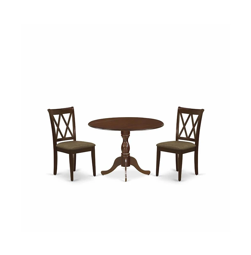 East West Furniture 3 Piece Dining Table Set Includes 1 Drop Leaves Dining Room Table and 2 Mahogany Linen Fabric Dining Room Chairs with Slatted Back