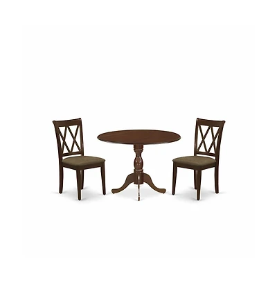 East West Furniture 3 Piece Dining Table Set Includes 1 Drop Leaves Dining Room Table and 2 Mahogany Linen Fabric Dining Room Chairs with Slatted Back