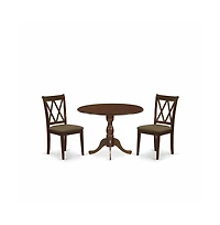 East West Furniture 3 Piece Dining Table Set Includes 1 Drop Leaves Dining Room Table and 2 Mahogany Linen Fabric Dining Room Chairs with Slatted Back