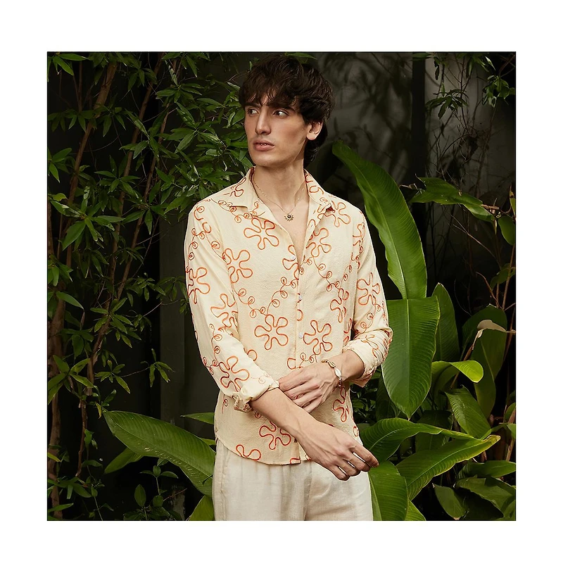 Campus Sutra Men's Peach Orange Flora-Weave Shirt
