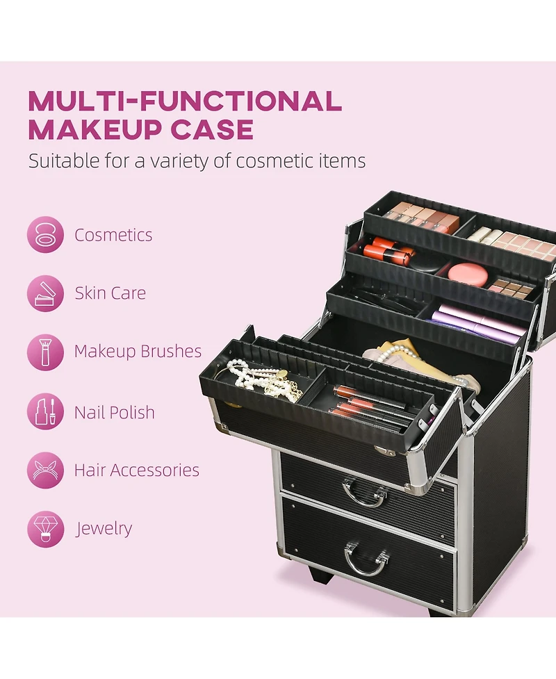 Homcom Rolling Makeup Train Case Traveling Cart Trunk w/ Swivel Wheel Key