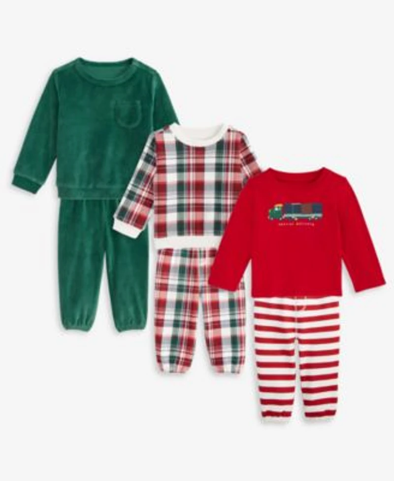 First Impressions Baby Boys Long Sleeve Velour Plaid Tops Velour Plaid Striped Pants Macys Exclusive