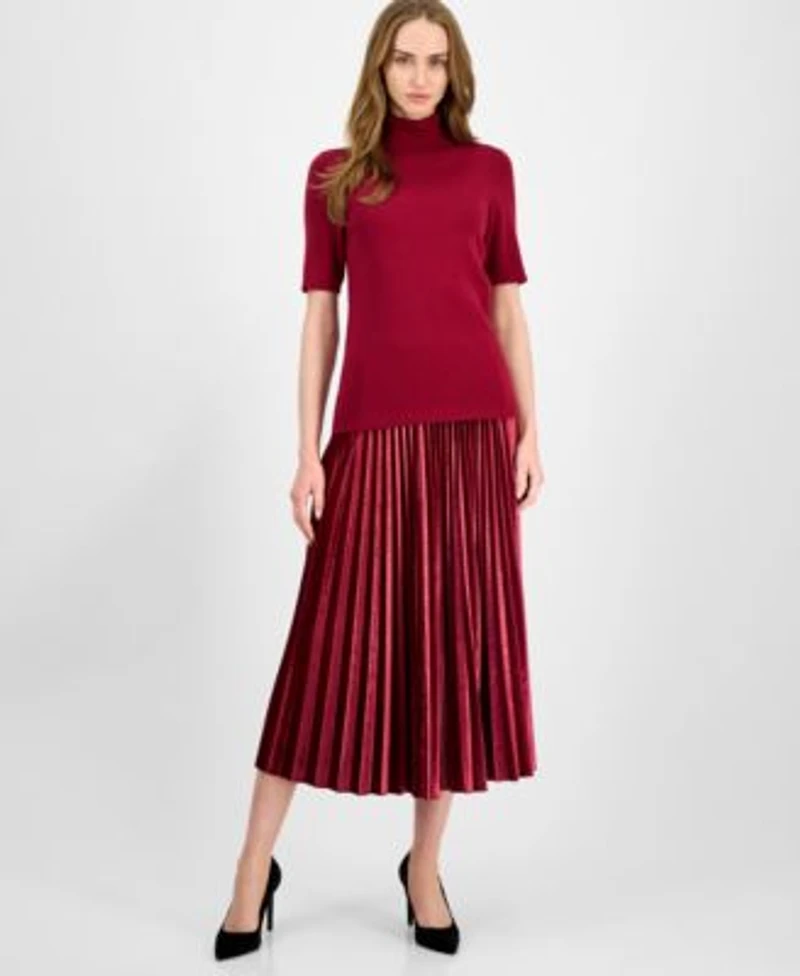 Anne Klein Womens Half Sleeve Turtleneck Sweater Velvet Pleated Flared Midi Skirt