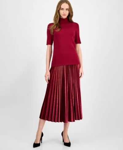Anne Klein Womens Half Sleeve Turtleneck Sweater Velvet Pleated Flared Midi Skirt