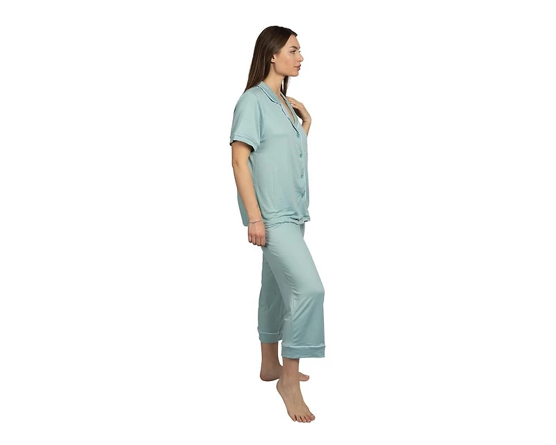 Bcbg Maxazria Women's Short Sleeve Notch Collar Top and Capri Pants Pajamas 2-Piece Set