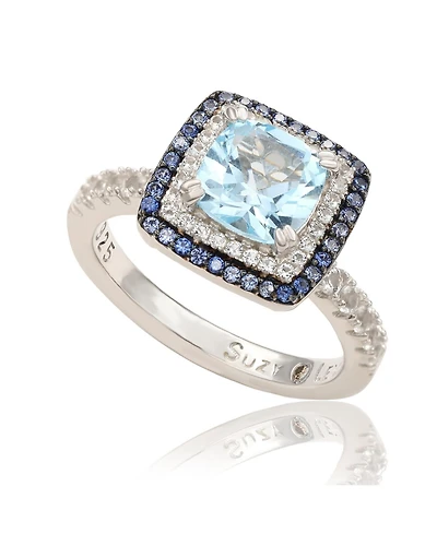 Suzy Levian Sterling Silver Cushion Cut Topaz Sapphire Double Halo Ring