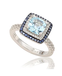 Suzy Levian Sterling Silver Cushion Cut Topaz Sapphire Double Halo Ring