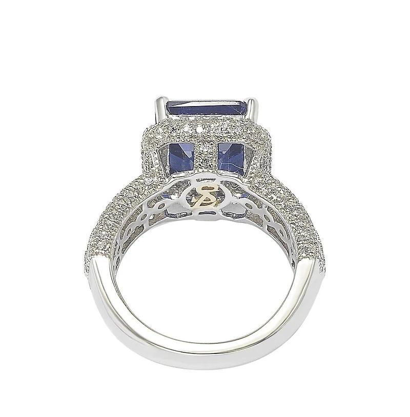 Suzy Levian New York Sterling Silver Sapphire & Created White Sapphire Emerald-Cut Ring